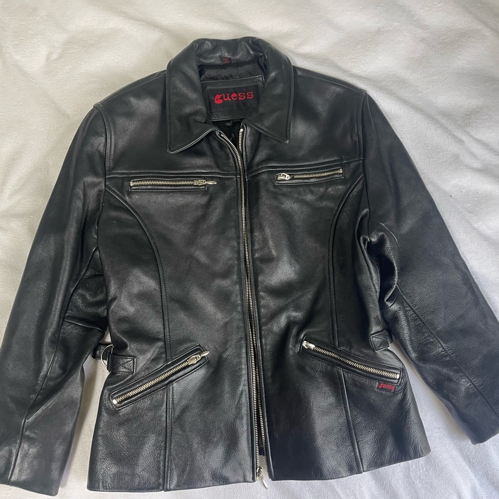 Guess Women's Black Leather Jacket with Silver Zippers